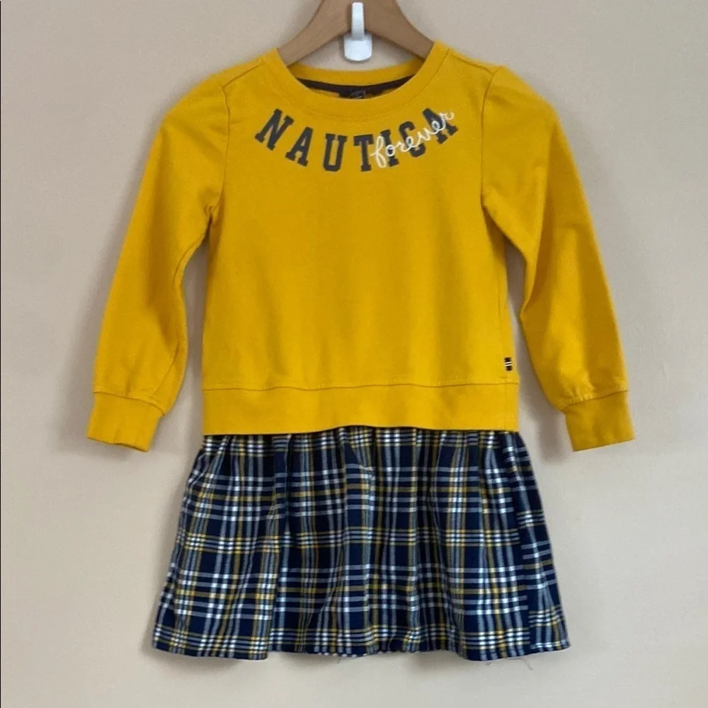 Nautica -Girls’ Sweatshirt Dress Yellow & Plaid, Long Sleeve, Preppy Style